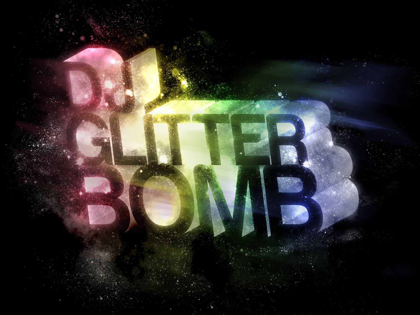 DJ GlitterBomb in stylized text with rainbow sparkles